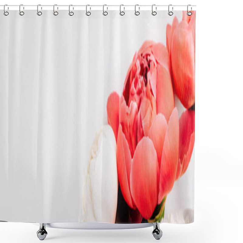 Personality  Top View Of Pink And White Peonies On White Background, Panoramic Shot Shower Curtains