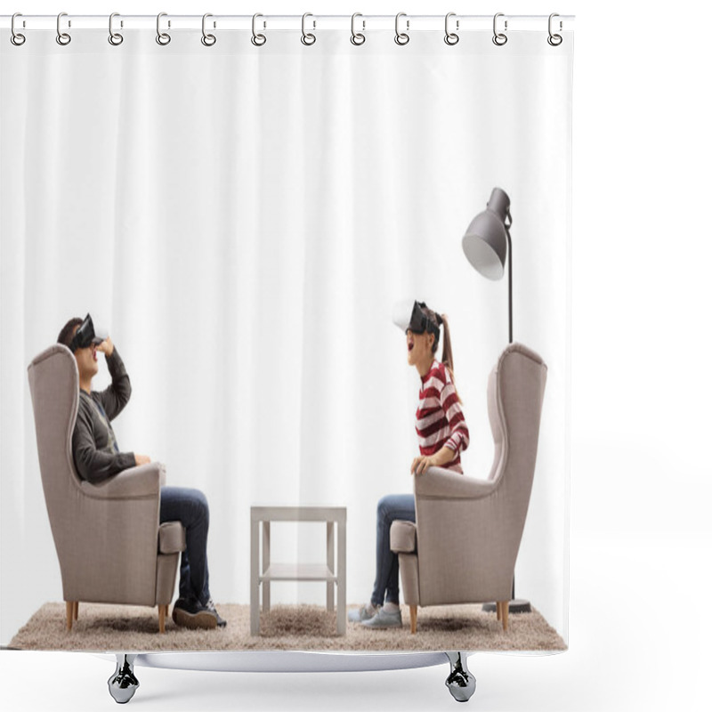 Personality  Man And Woman Using Virtual Reality Headsets Shower Curtains