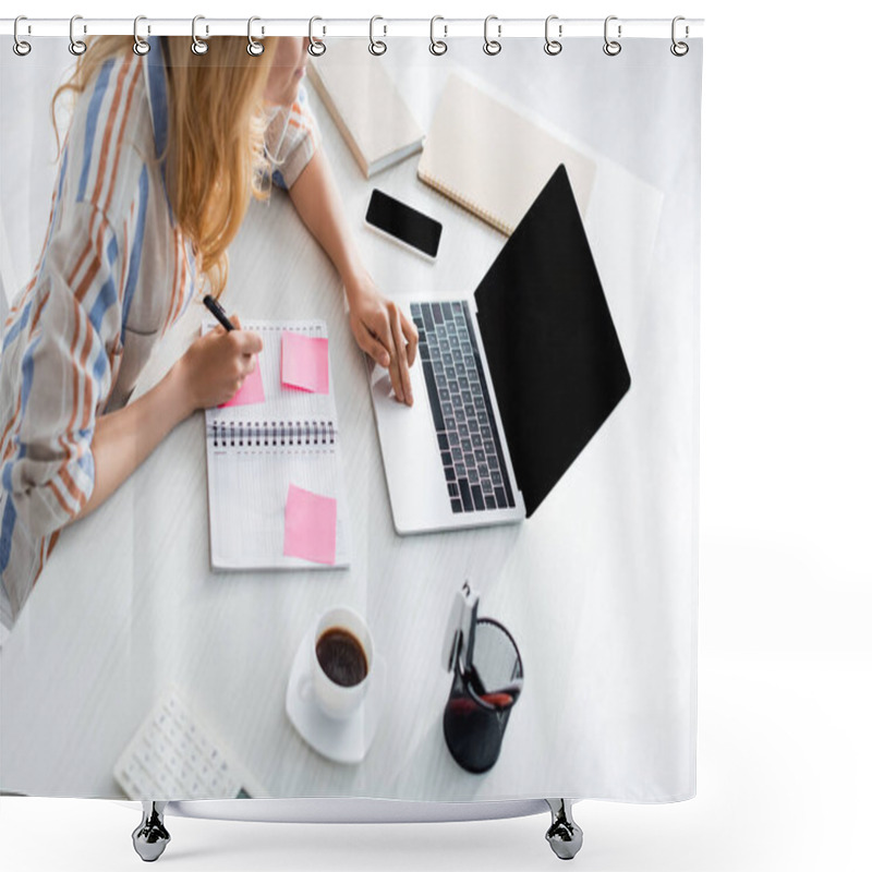 Personality  Overhead View Of Adult Freelancer Working With Laptop And Notebook Shower Curtains