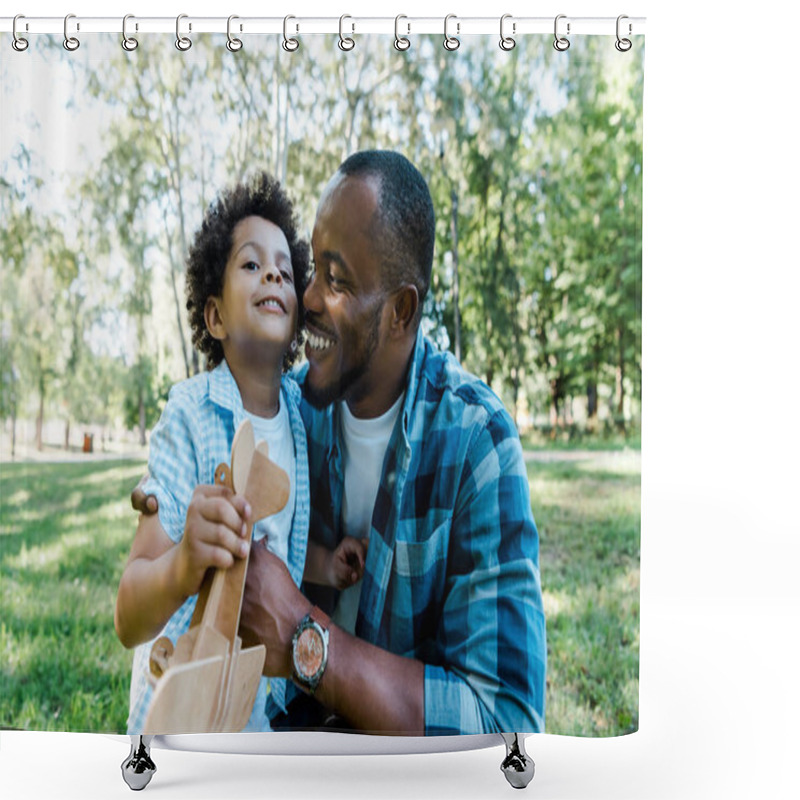 Personality  Happy African American Father Looking At Cute Son Holding Wooden Toy Biplane  Shower Curtains