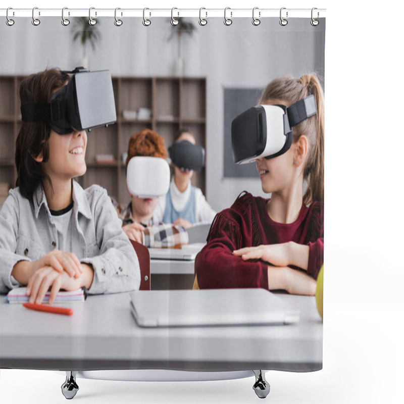 Personality  Happy Classmates Looking At Each Other While Gaming In Vr Headsets In Classroom Shower Curtains