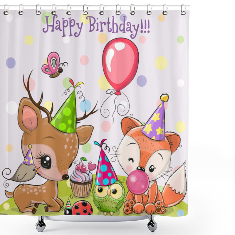 Personality  Cute Deer And Fox Owls With Balloon And Bonnets Shower Curtains