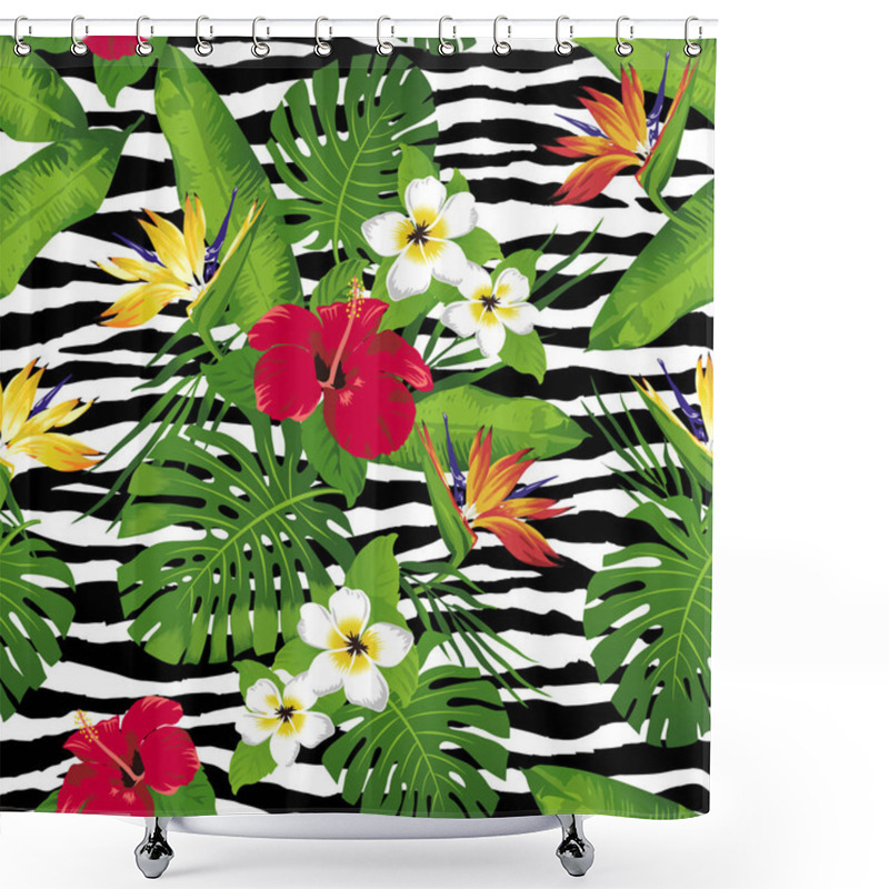 Personality  Tropical Flowers And Leaves On Zebra Background. Seamless. Animal Print Fashion.  Shower Curtains