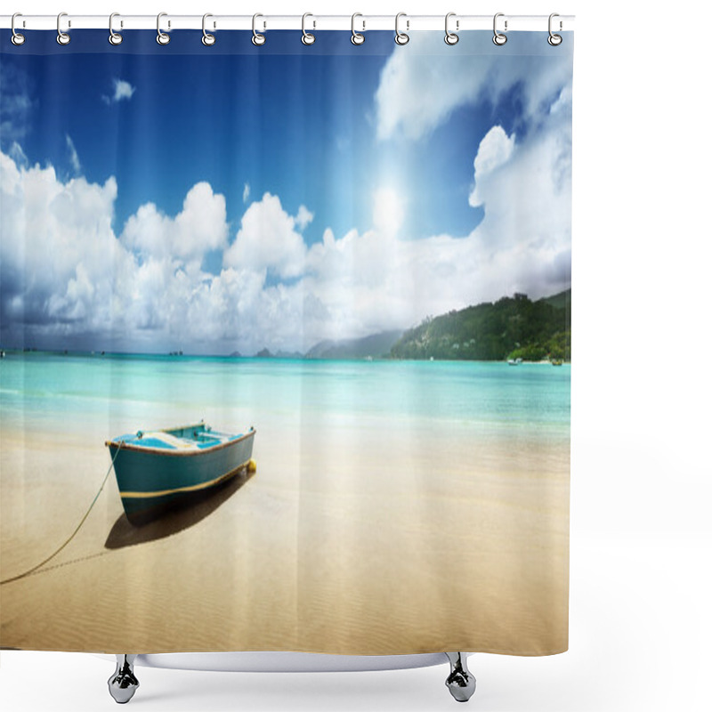 Personality  Boat On Beach Mahe Island, Seychelles Shower Curtains