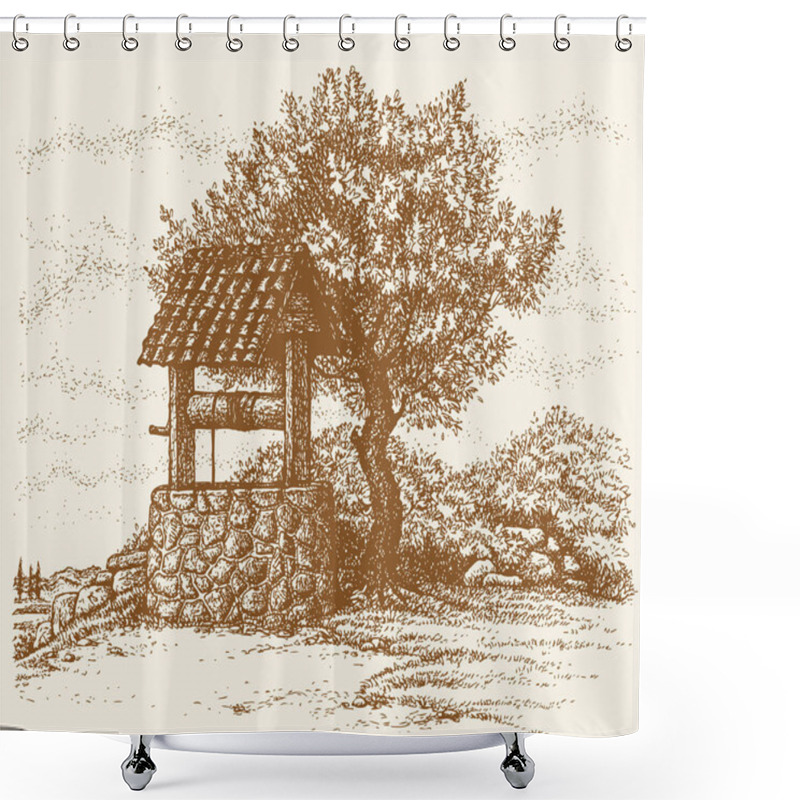 Personality  Vector Image. Flowering Tree Near The Well  Shower Curtains