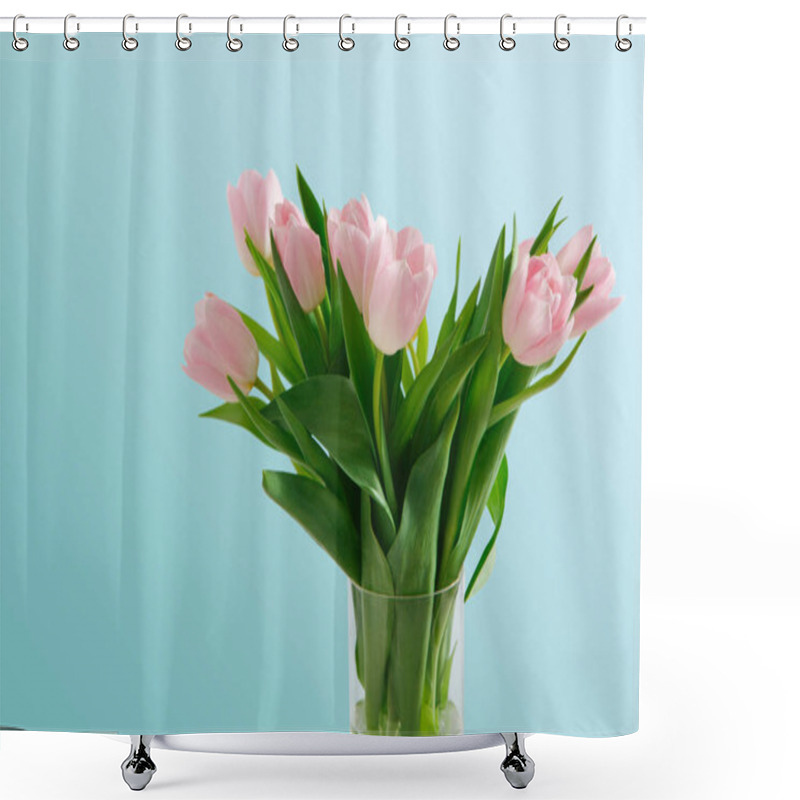 Personality  Pink Tulips Bouquet On Blue Background Shower Curtains