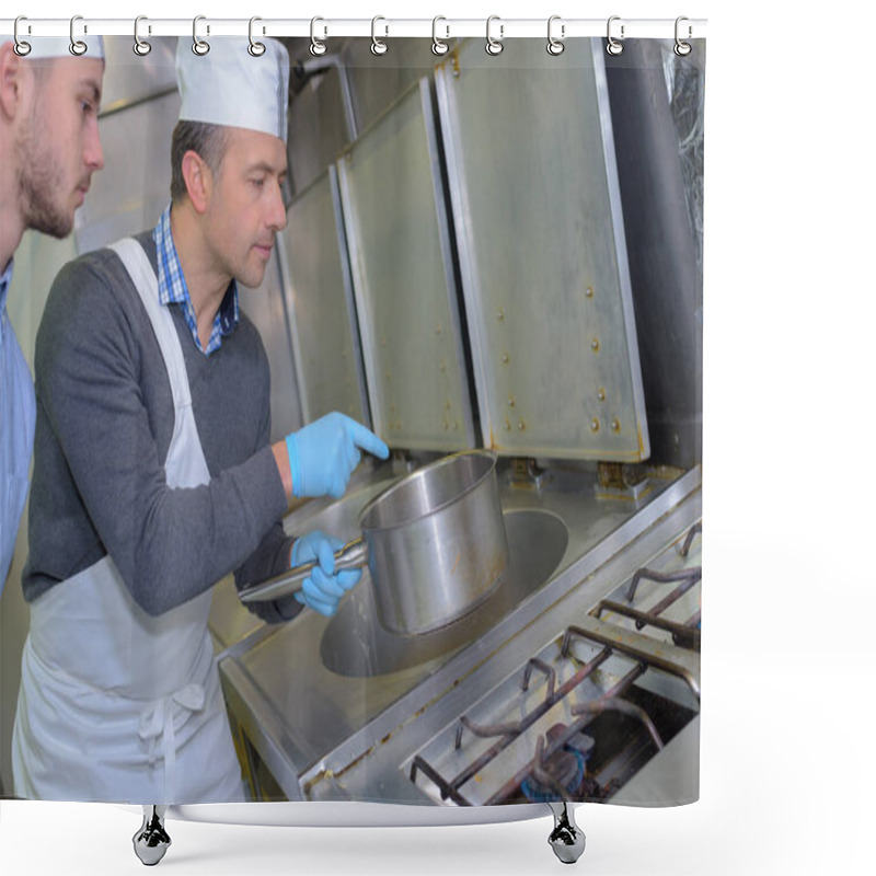 Personality  Apprentice And Chief Preparing Meat In Restaurant Kitchen Shower Curtains