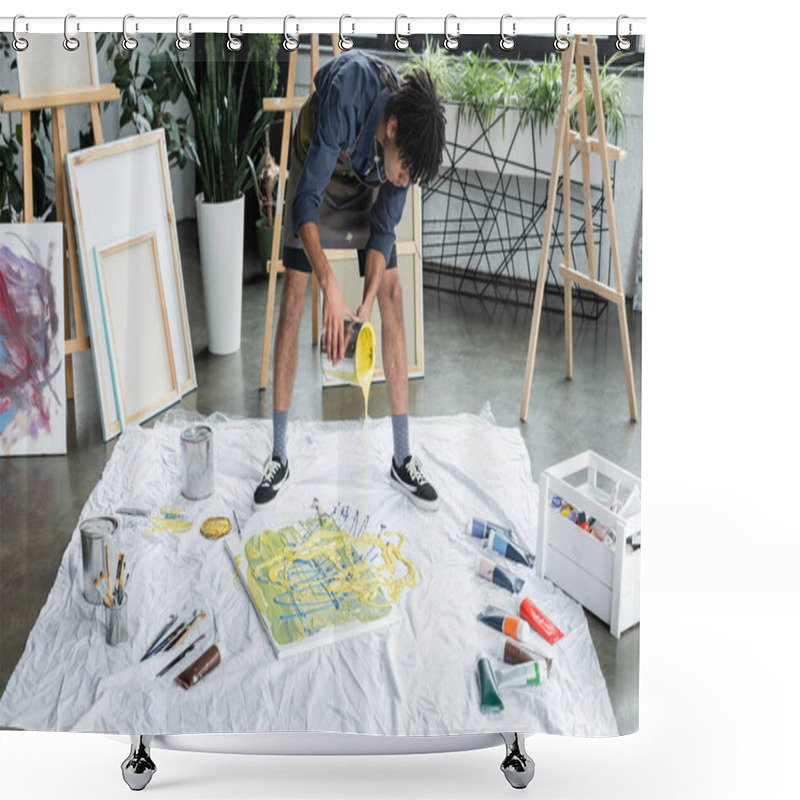 Personality  Young African American Artist Pouring Paint On Canvas And Cloth In Art Workshop  Shower Curtains