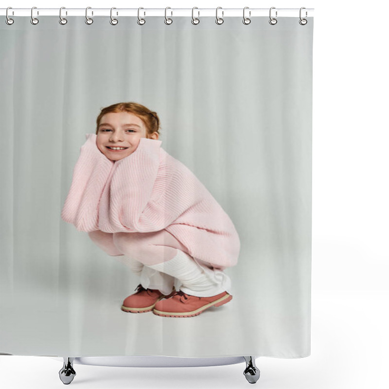 Personality  A Young Girl Smiles Widely In Her Cozy, Oversized Winter Sweater, Embracing The Season. Shower Curtains