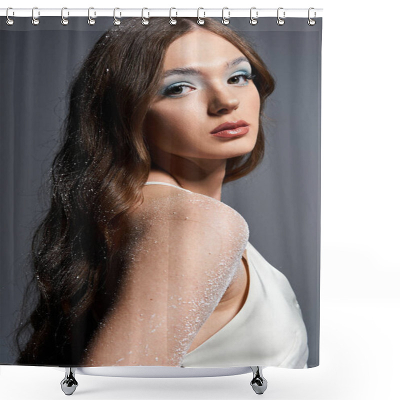 Personality  A Captivating Young Woman Showcases Her Beauty With Shimmering Accents Against A Gray Backdrop. Shower Curtains