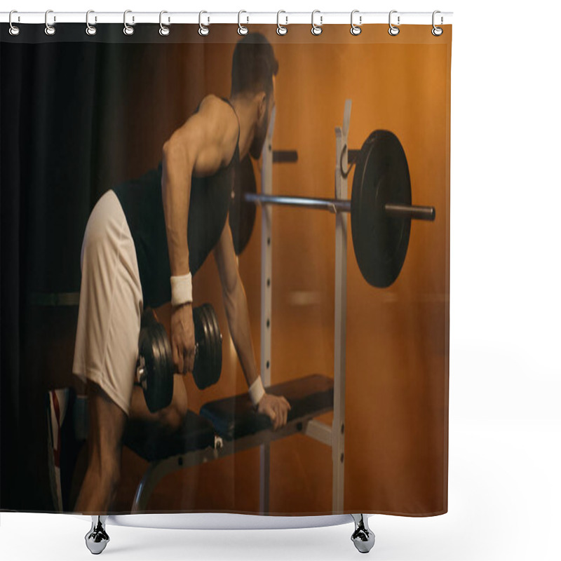 Personality  Athletic Sportsman Training With Dumbbell Near Barbell On Dark Background Shower Curtains