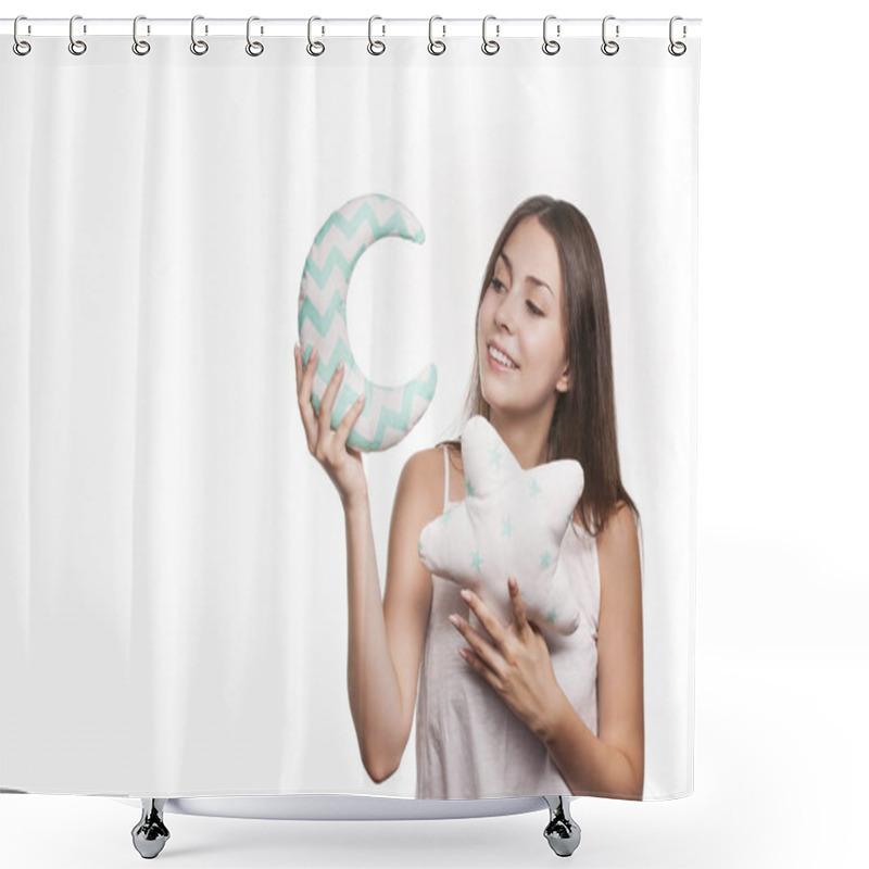 Personality  Beautiful Young Brunette On A White Background Holding A Pillow In The Shape Of A Star And Moon Shower Curtains