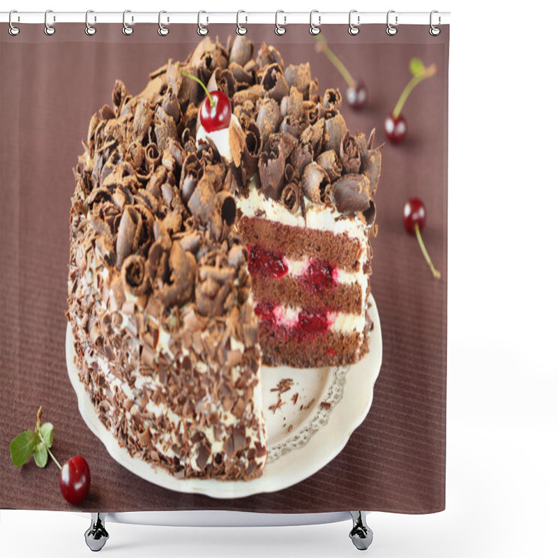 Personality  Black Forest Cake, On A Brown Background Shower Curtains