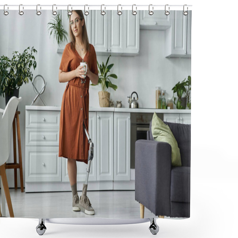 Personality  A Woman In A Brown Dress Stands In A Kitchen Holding A Cup Of Coffee. Shower Curtains