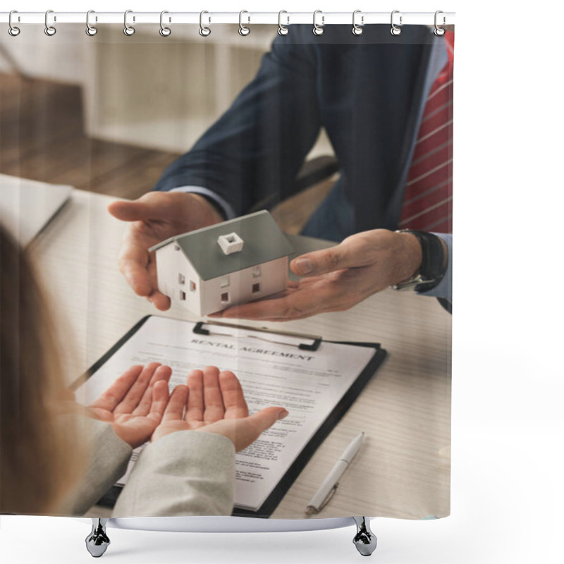 Personality  Cropped View Of Agent Holding House Model Near Woman With Cupped Hands  Shower Curtains