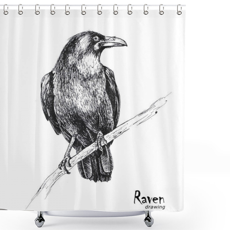 Personality  Hand Drawn Black Raven Sitting On A Branch Shower Curtains