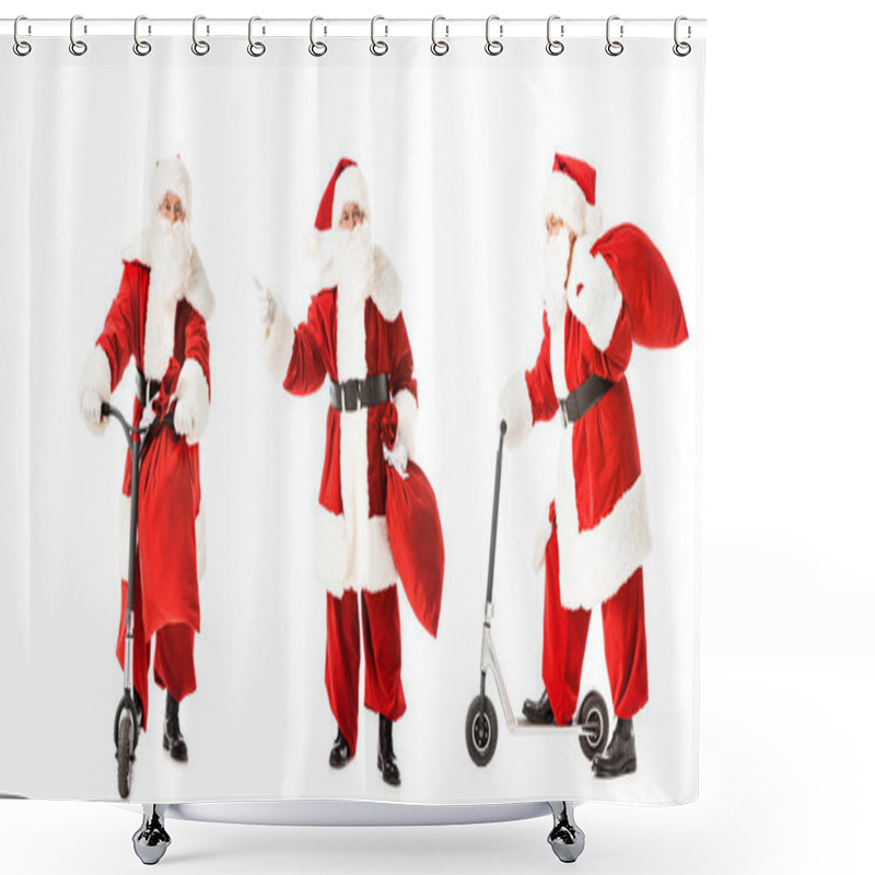 Personality  Collage Of Santa Claus With Sack And Scooter In Various Poses Isolated On White Shower Curtains