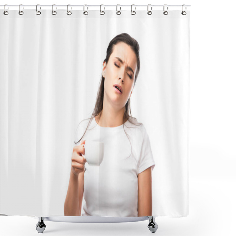 Personality  Sleepy Brunette Woman In White T-shirt Holding Cup With Coffee Isolated On White  Shower Curtains