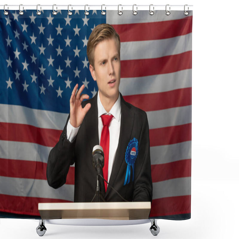 Personality   Emotional Man On Tribune During Speech On American Flag Background Shower Curtains