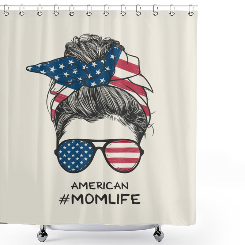 Personality  Woman Messy Bun Hairstyle With American Flag Headband And Glasses Hand Drawn Vector Illustration  Shower Curtains