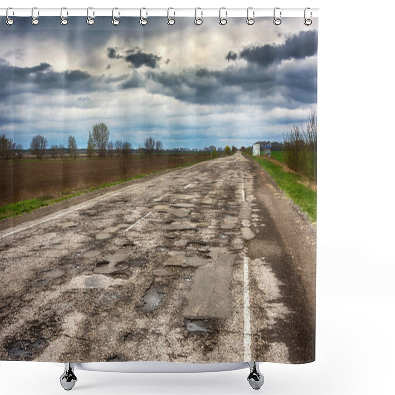 Personality  Old Road  Potholes And Holes Outside City  Cloudy Autumn Weather HDR Shower Curtains