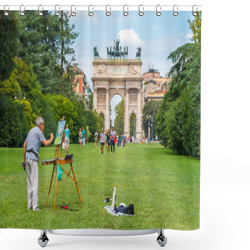 Personality  Milan, Italy - 14.08.2018: Artist Draws Arch Of Peace In Sempione Park. Shower Curtains