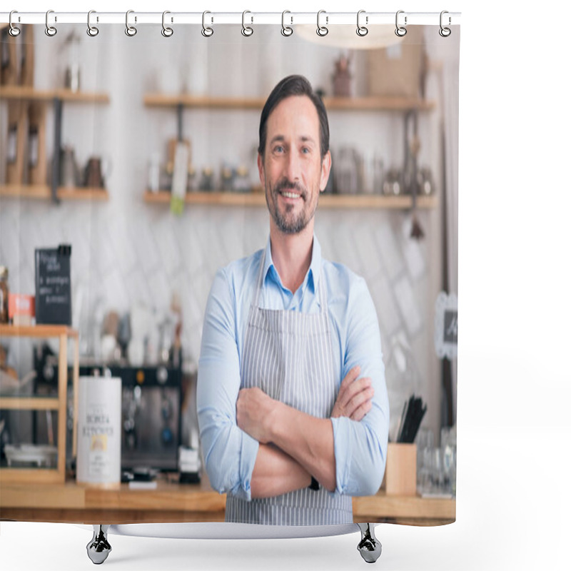 Personality  Handsome Businessman Showing His Business Shower Curtains