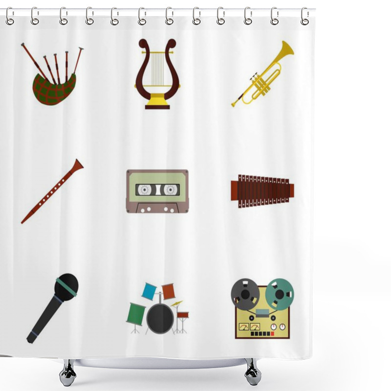 Personality  Musical Instruments Icons Set, Flat Style Shower Curtains