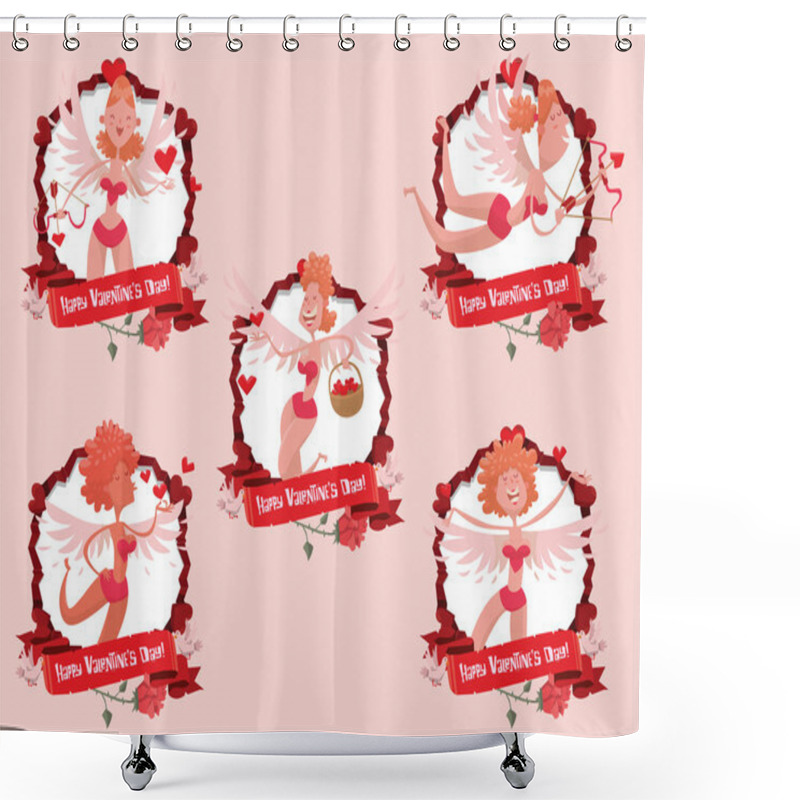 Personality  Set Of Red Round Frames With Sexy Female Cupids Shower Curtains