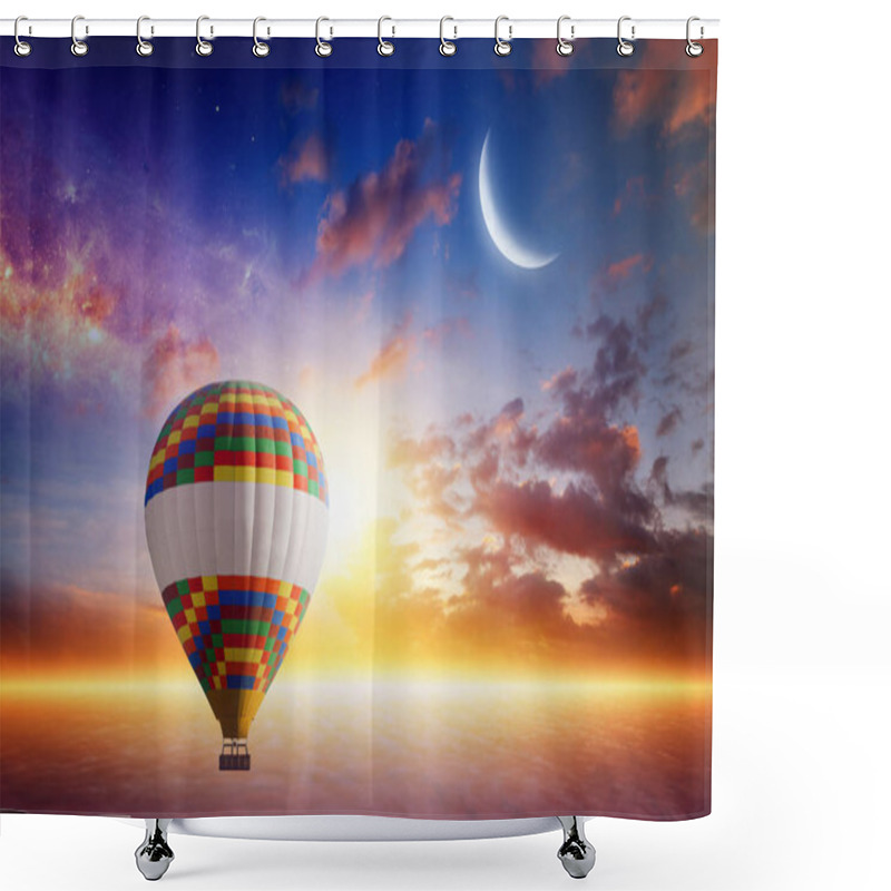 Personality  Hot Air Balloon Rises Very High In Sunset Sky Above Glowing Cloud Shower Curtains