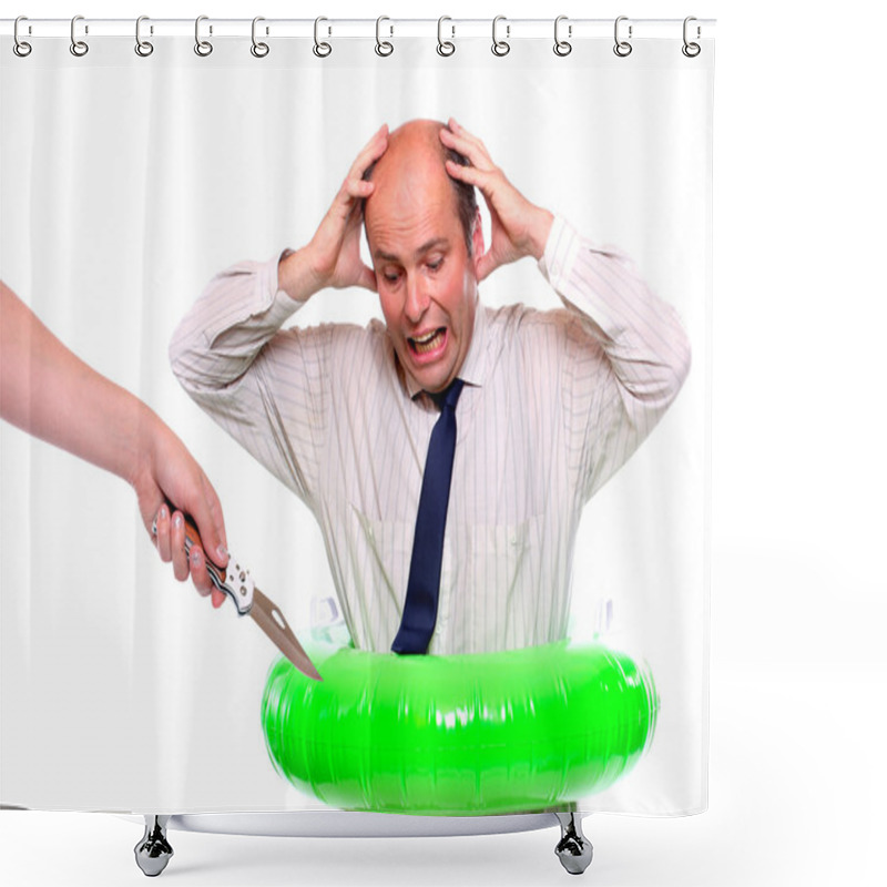 Personality  Terrified Businessman With Cracked Life Ring. Insurance And Relationship Metaphor. Shower Curtains