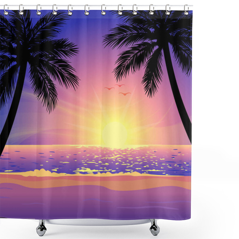 Personality  Warm Tropical Beach Sunset With Palm Trees Shower Curtains