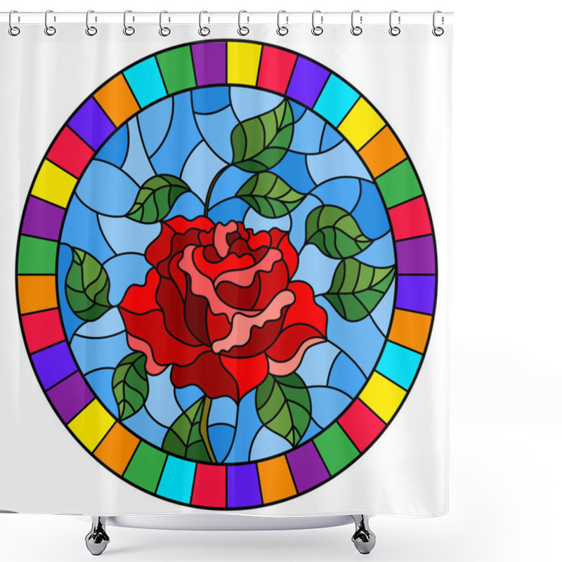 Personality  Illustration In Stained Glass Style Flower Of Red Rose On A Blue Background In A Bright Frame,round Image Shower Curtains