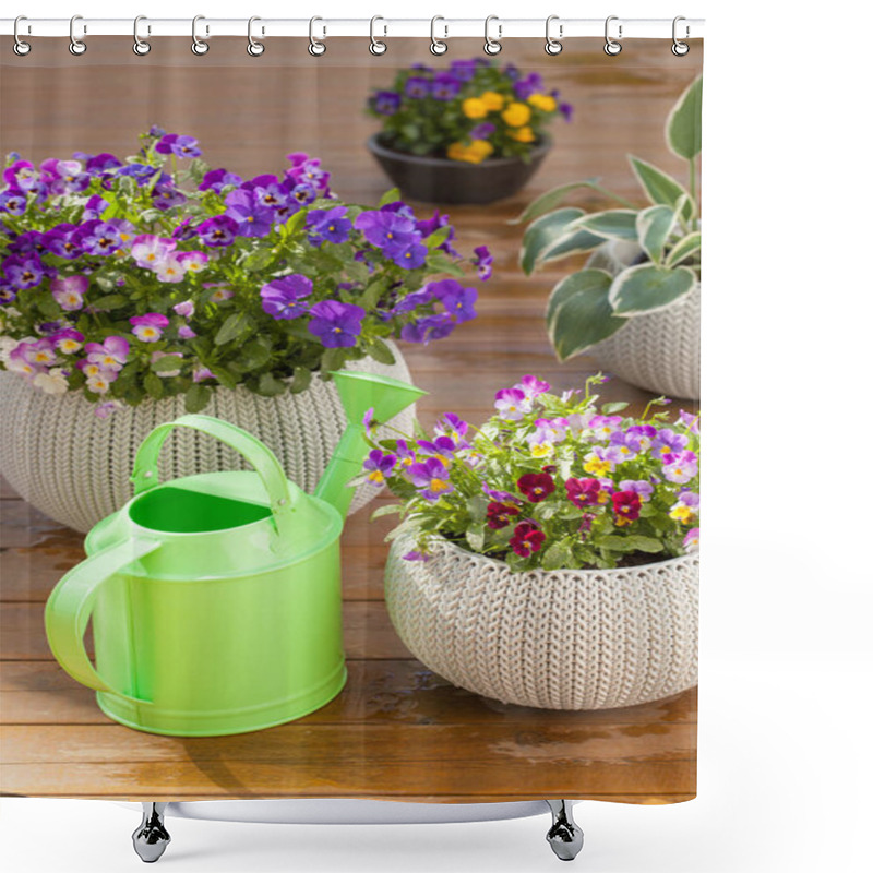 Personality  Beautiful Pansy Summer Flowers In Flowerpots In Garden, Watering Shower Curtains