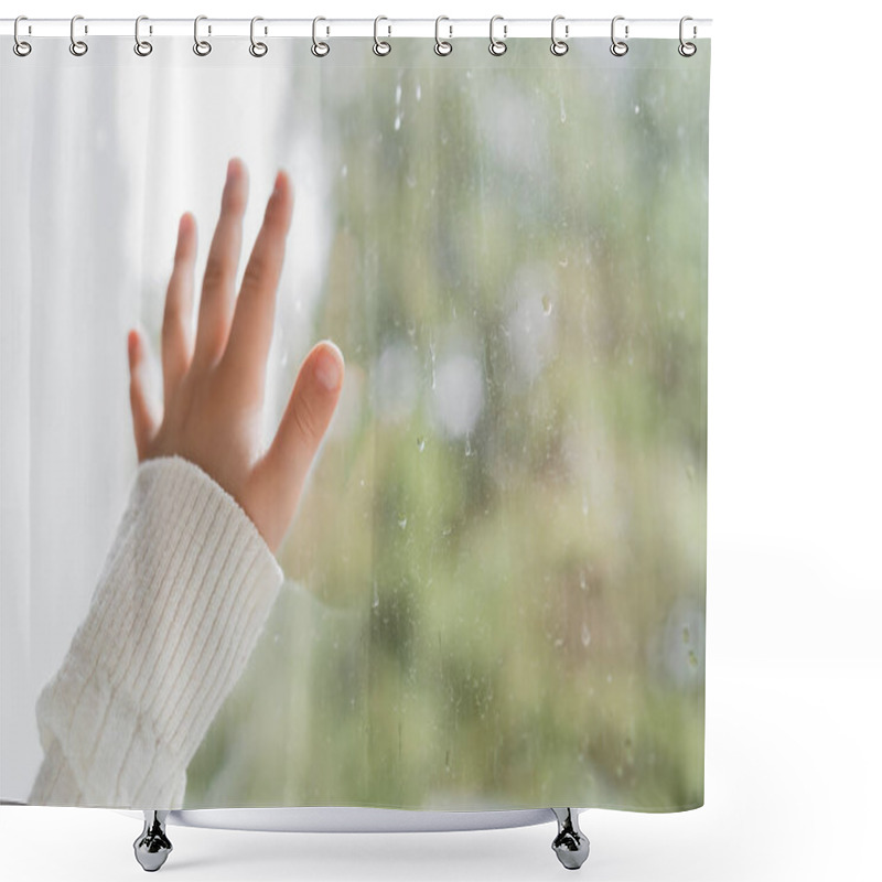 Personality  Cropped View Of Hand Of Child Near Window With Raindrops Shower Curtains