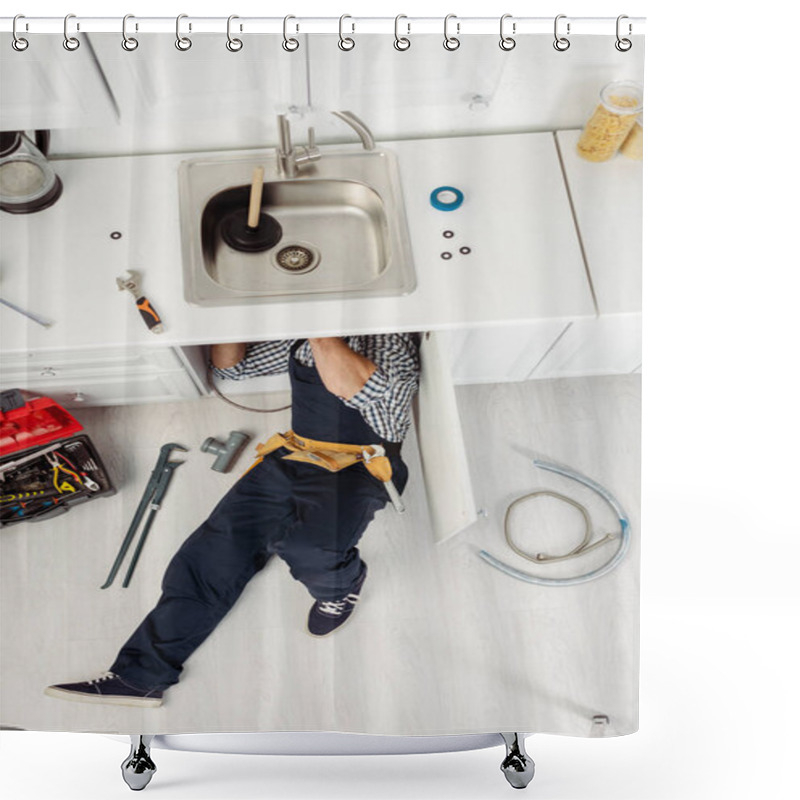 Personality  Top View Of Plumber In Workwear Fixing Kitchen Sink Near Tools On Floor  Shower Curtains