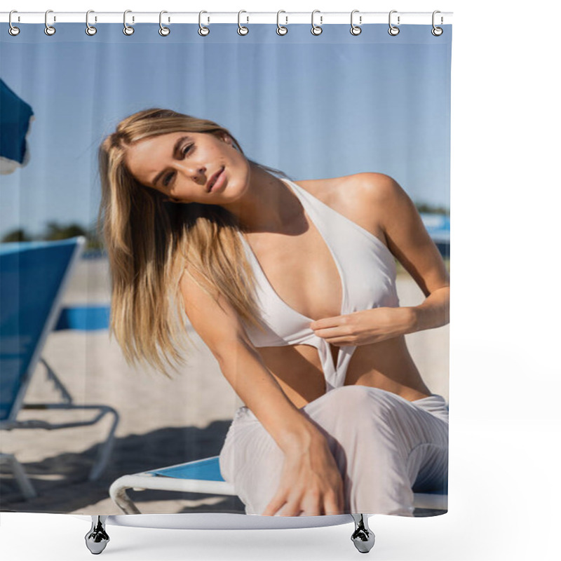 Personality  Young, Beautiful Blonde Woman In A White Bikini Sitting On A Beach Chair, Enjoying The Sun And Serenity Of Miami Beach. Shower Curtains