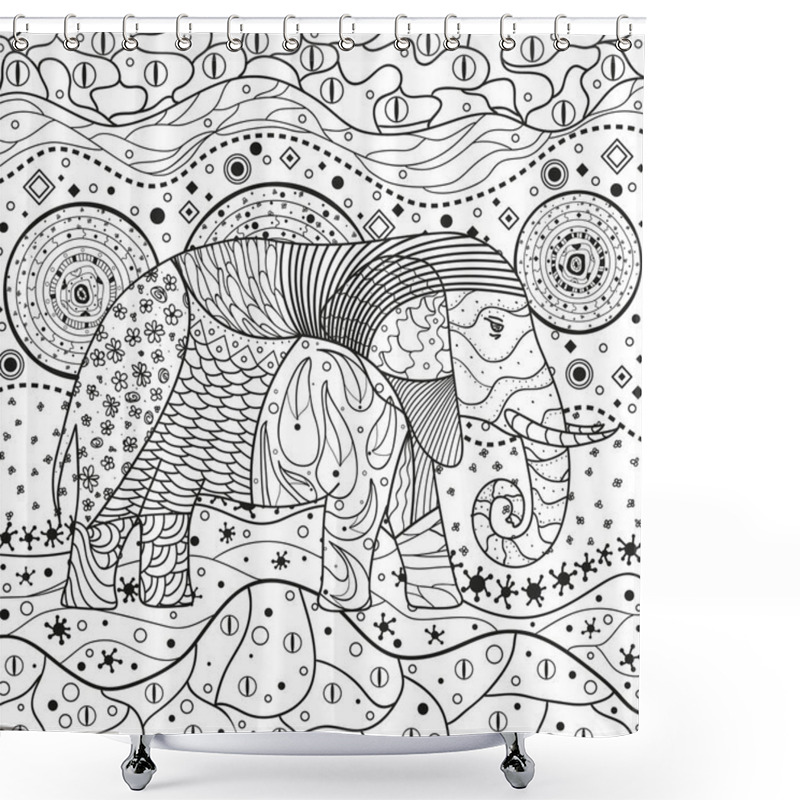 Personality  Abstract Eastern Pattern. Elephant On Square Mandala. Hand Drawn Animal With Tribal Patterns On Isolation Background. Design For Spiritual Relaxation For Adults. Black And White Illustration Shower Curtains