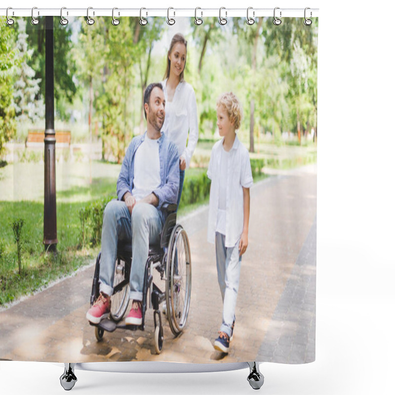 Personality  Mother And Adorable Son With Disabled Father On Wheelchair In Park Shower Curtains