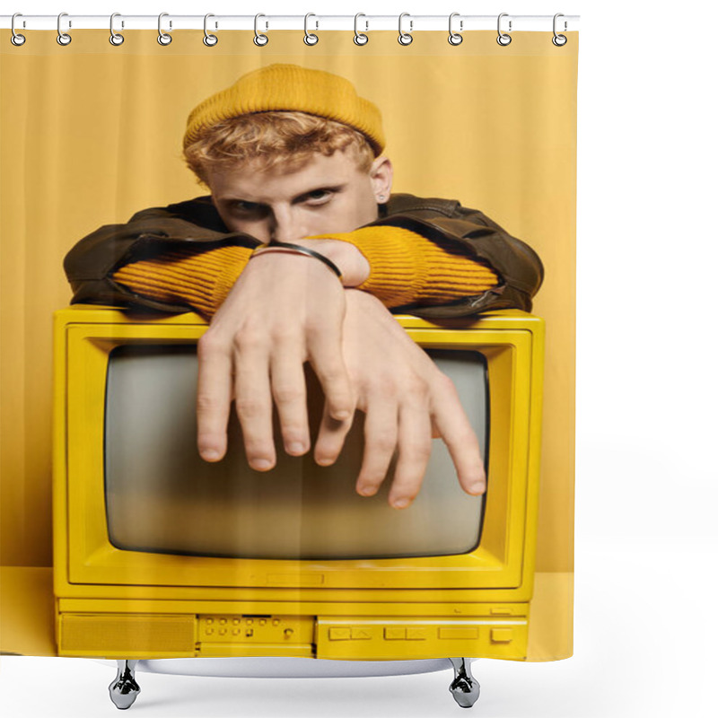 Personality  A Fashionable Redhead Man Shows Off A Trendy Winter Look Near Tv Against A Vibrant Yellow Backdrop. Shower Curtains