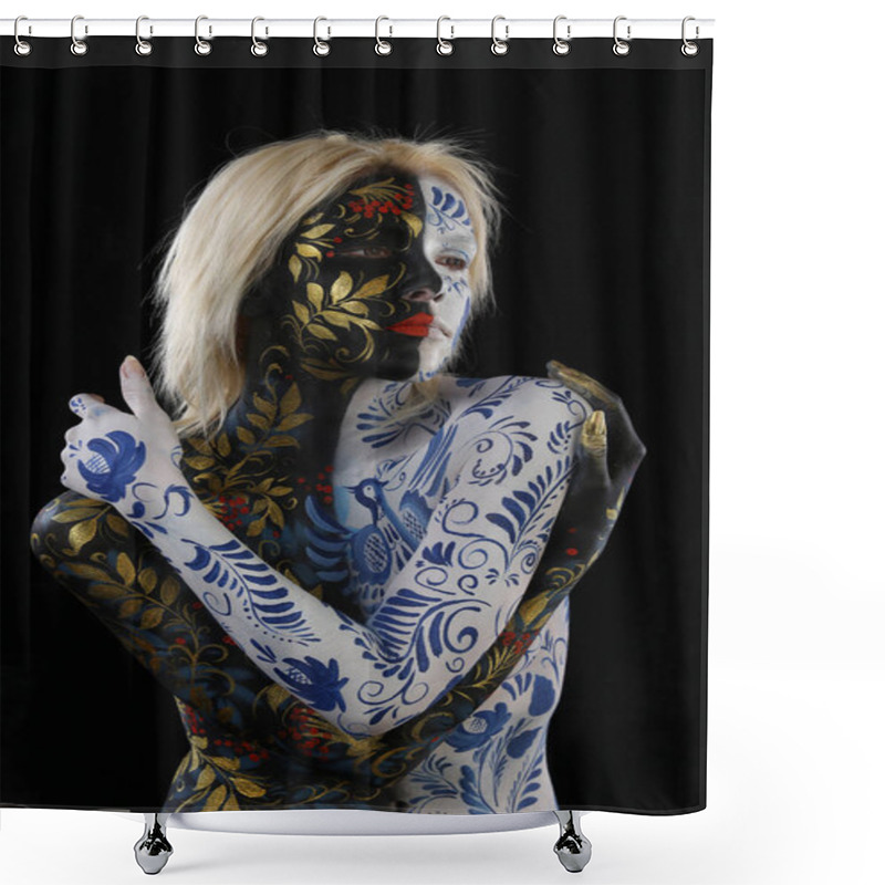 Personality  Body Art Portrait Of A Girl In The Style Of Khokhloma And Gzhel On A Black Background Studio Shower Curtains