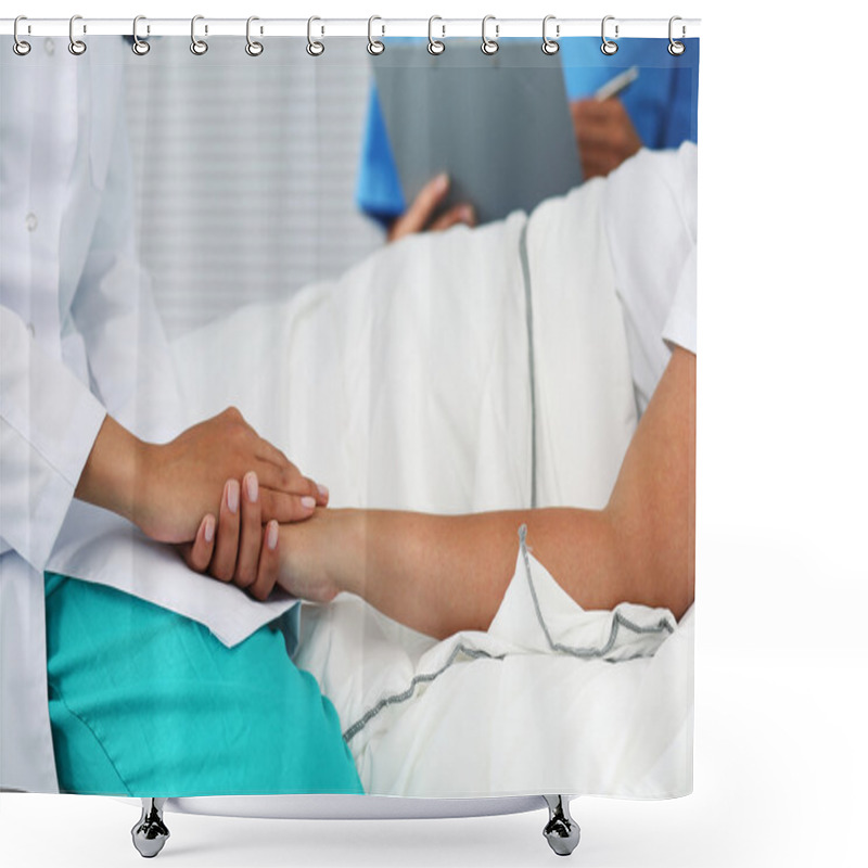 Personality  Friendly Female Doctor Hands Holding Patient Hand  Shower Curtains