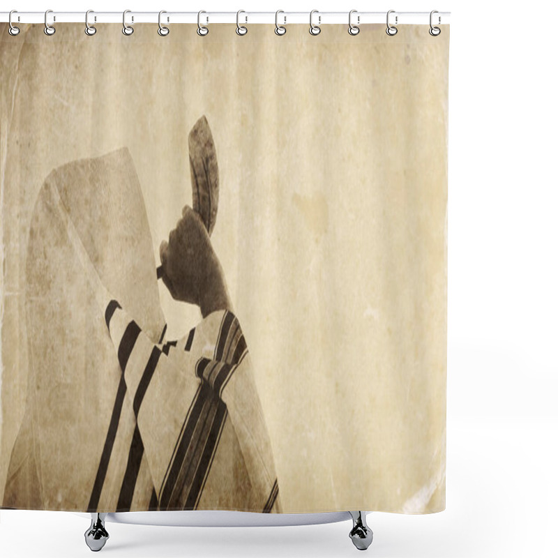 Personality  Jewish Man Blowing The Shofar (horn) Of Rosh Hashanah (New Year). Religious Symbol. Old Style Filter And Overlay Shower Curtains