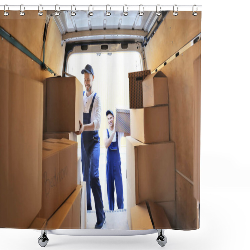 Personality  Delivery Men Unloading Moving Boxes From Car Shower Curtains