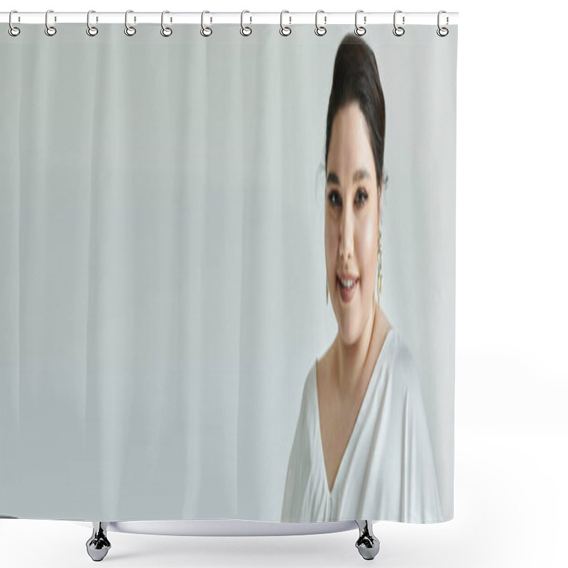 Personality  A Beautiful Plus Size Bride Wears A White Wedding Dress, Showcasing Elegance In A Serene Grey Setting. Shower Curtains