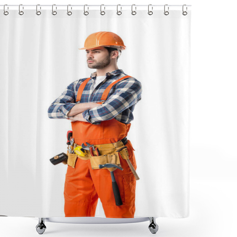 Personality  Confident Repairman In Orange Overall And Tool Belt Isolated On White Shower Curtains