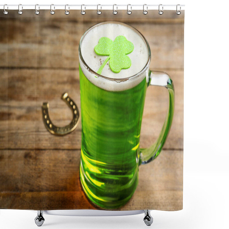 Personality  Green Beer And Clover On Wooden Table. St. Patrick's Day Celebration Shower Curtains