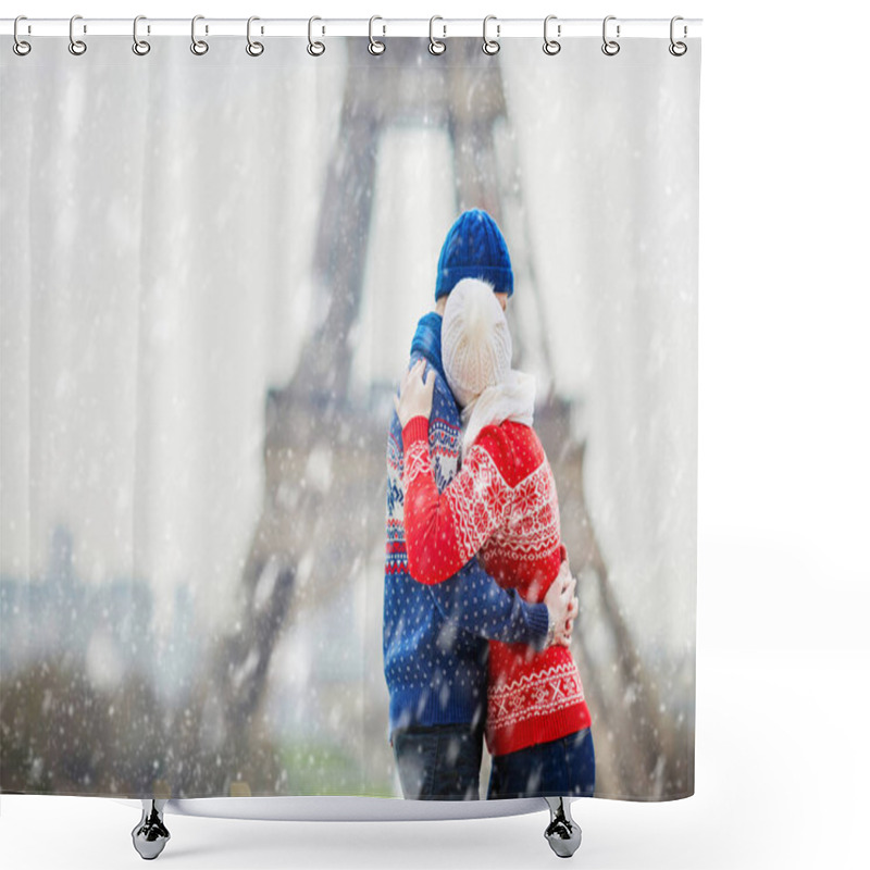 Personality  Happy Couple Near The Eiffel Tower On A Winter Day Under The Falling Snow. Trip To Paris During Season Holidays Shower Curtains