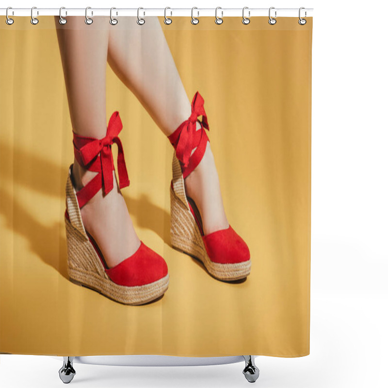 Personality  Cropped Image Of Woman Feet In Stylish Platform Sandals On Yellow Background Shower Curtains