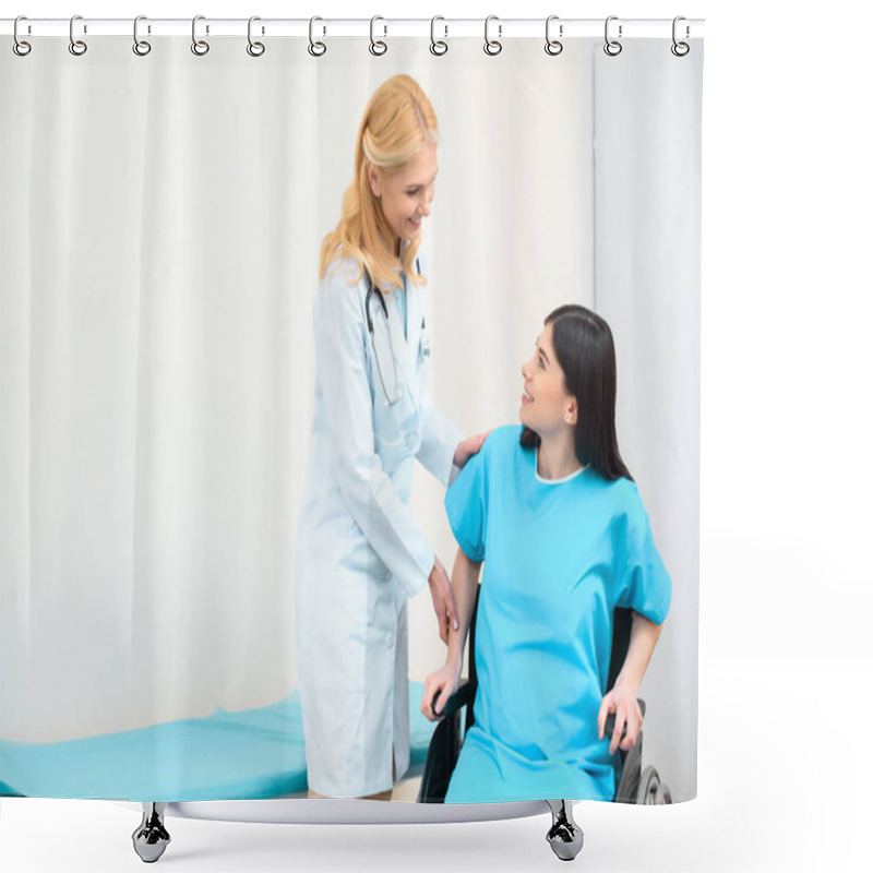 Personality  Mature Obstetrician Gynecologist Helping Pregnant Woman To Sit Down On Wheelchair Shower Curtains